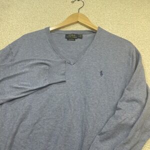 Mens Polo Ralph Lauren Light Blue V-Neck Pima Cotton Pullover Sweater Size L